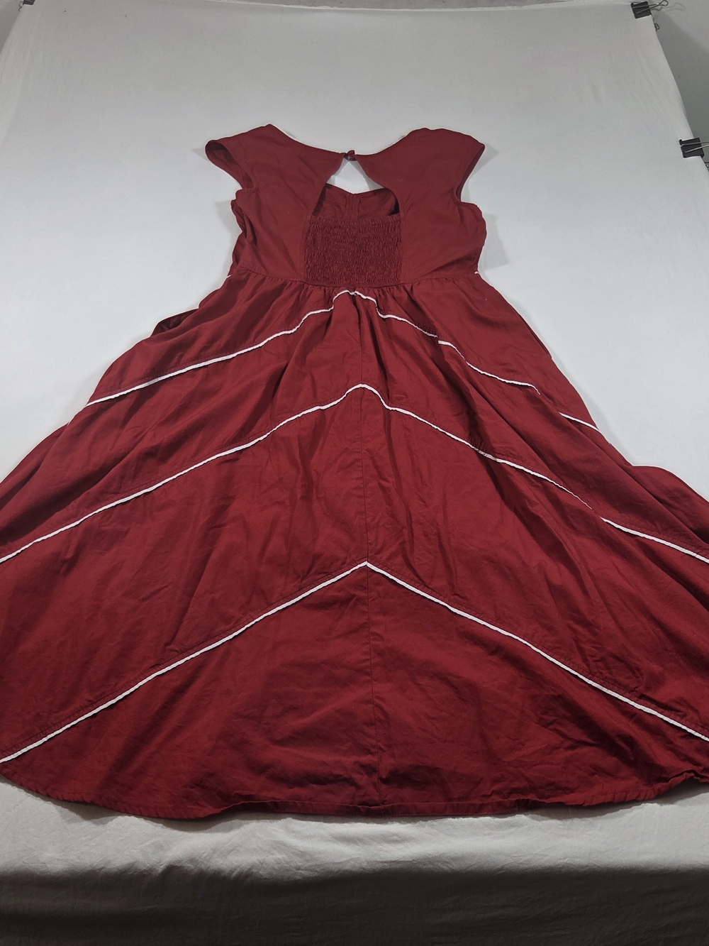 eshakti Red Cap-Sleeve Fit-and-Flare Midi Dress White Piping Tailored Look Party - Picture 15 of 16